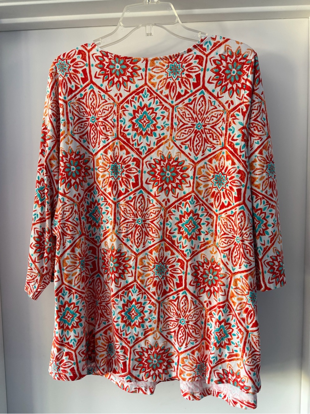 Belle by Kim Gravel Coral, Teal & White Printed V-Neck Tunic - Picture 5 of 5